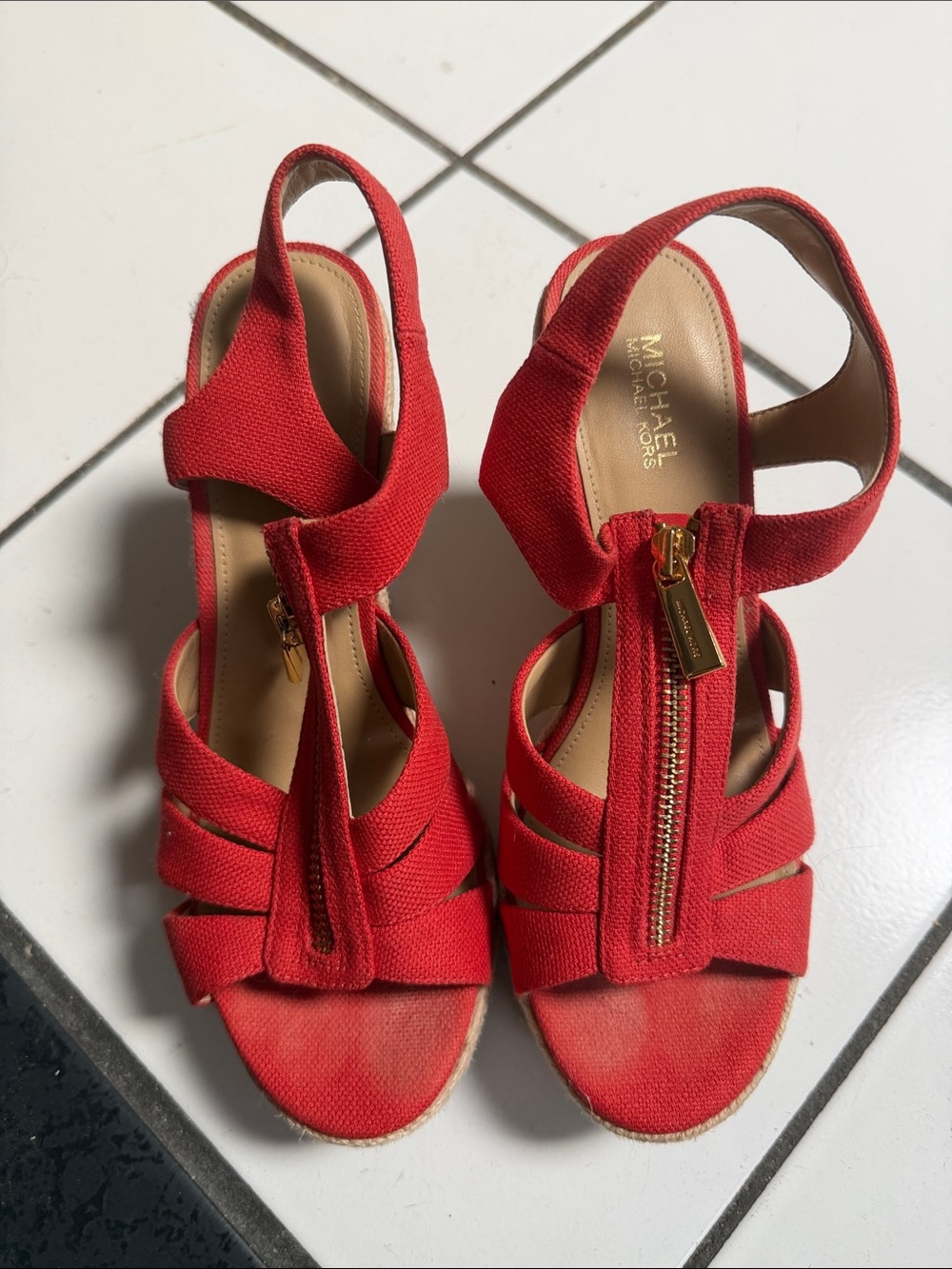 MICHAEL Michael Kors Red Canvas Wedge Sandals with Front Zipper